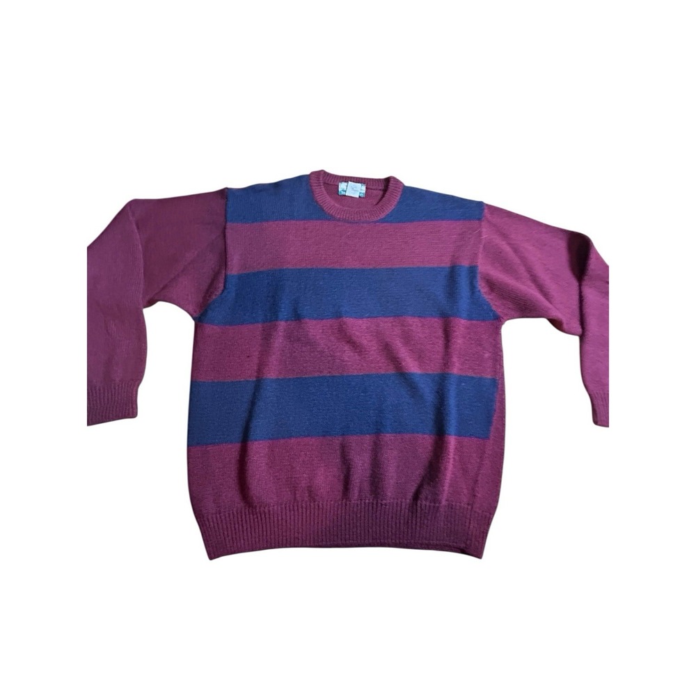 90-00's Preppy Color Stripes Burgundy‎ Blue SZ L Cotton Blend Sweater Crew Neck